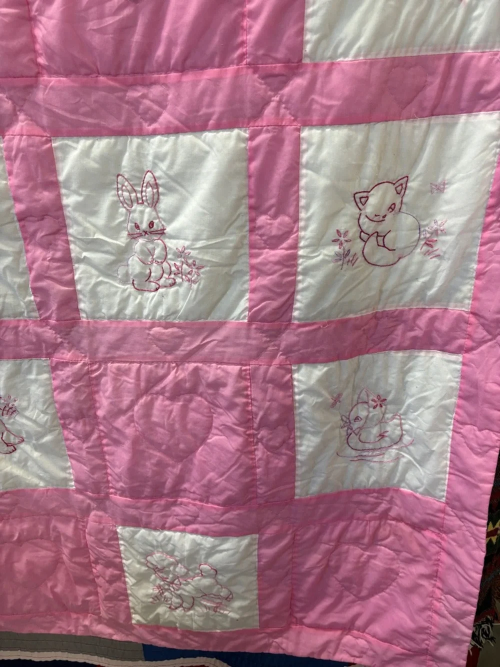 Pink and White Embroidered Baby Quilt - Pink